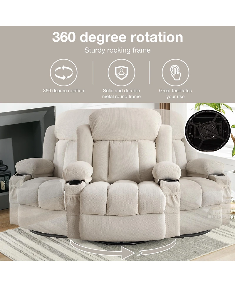 Swinging Recliner Massage Heated Sofa with Usb and 2 Cup Holders