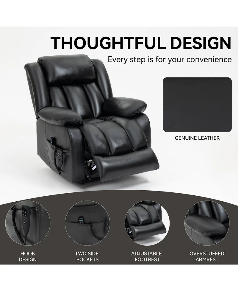 Electric Medium Genuine Leather Power Lift Recliner Chair with 8-Point Vibration Massage and Lumbar Heating