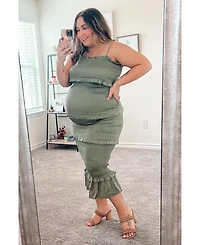 Pinkblush Olive Satin Smocked Fitted Maternity Maxi Dress