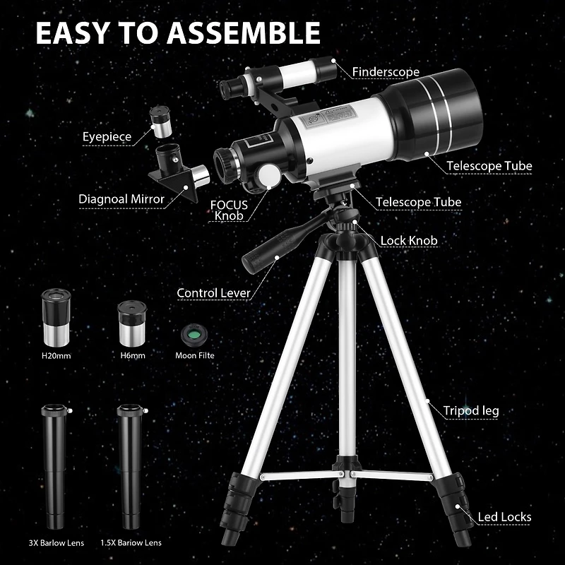 Sugift Telescope 70mm Aperture 300mm Az Mount Telescope with Stand and Phone Adapter for Kids, Adults and Beginners