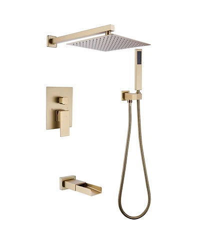 Greenspring Waterfall Spout Single Handle 3-Spray Square High Pressure Tub and Shower Faucet Brushed Nickel (Valve Included)