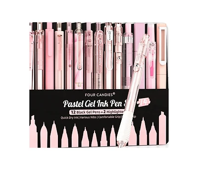 Htutwoo 14 Packs Pastel Gel Ink Pen Set, Cute Retractable 0.5mm Fine Point Pen, Note Taking Aesthetic Pens, 12 Packs Black Ink Pens With 2Pack Highlig