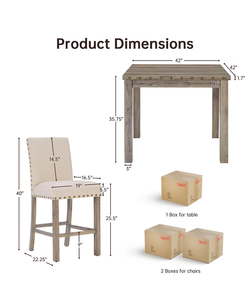 Morden Fort Rustic Counter Height Dining Table Set for 4, Farmhouse 5-Piece Linen Upholstered Stools Dinette Set with Nailhead Accents