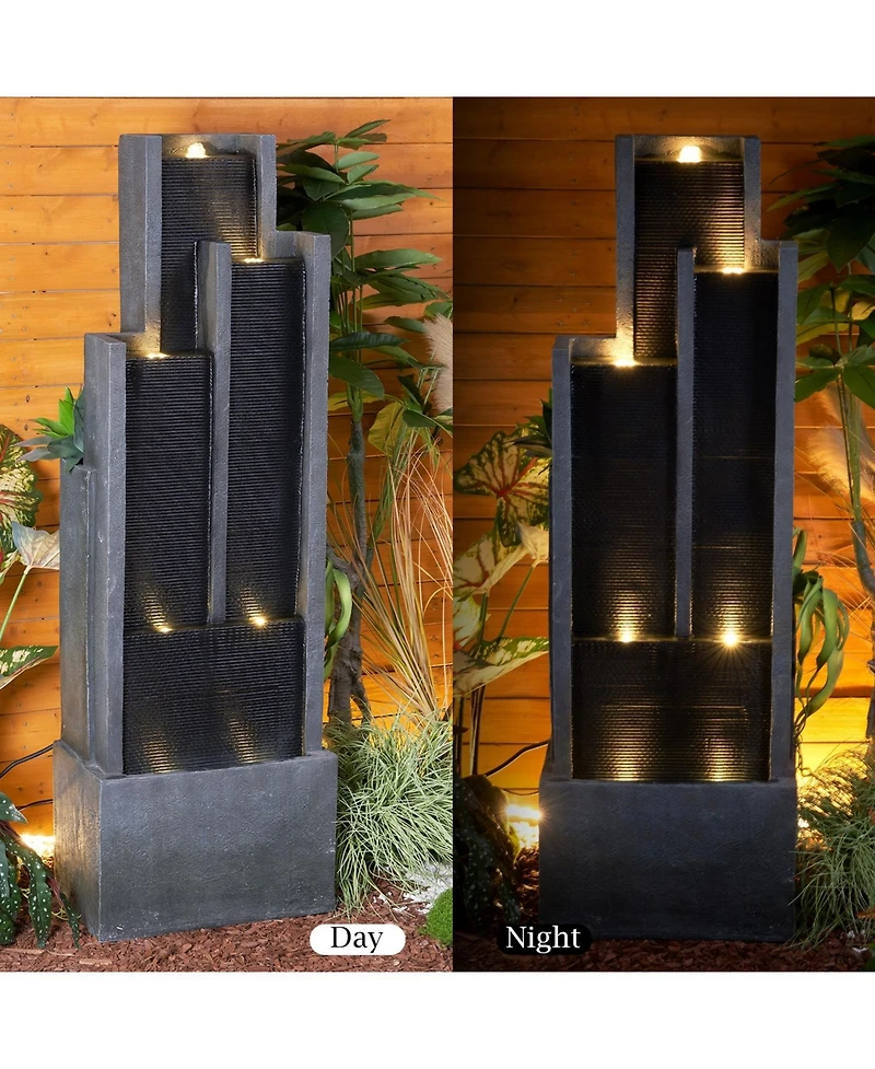 SunJet 5-Tier Modern Water Fountain, Indoor/Outdoor Resin Water Fountains with Soothing Water Sounds & Warm Led Light, Perfect for Garden, Patio, Home