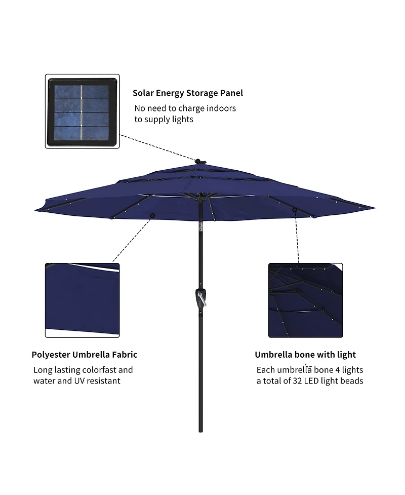 Clihome 3-Tier Patio Umbrella with Led Lights 10ft Outdoor Table Large Pool For Deck, Pool, Garden,