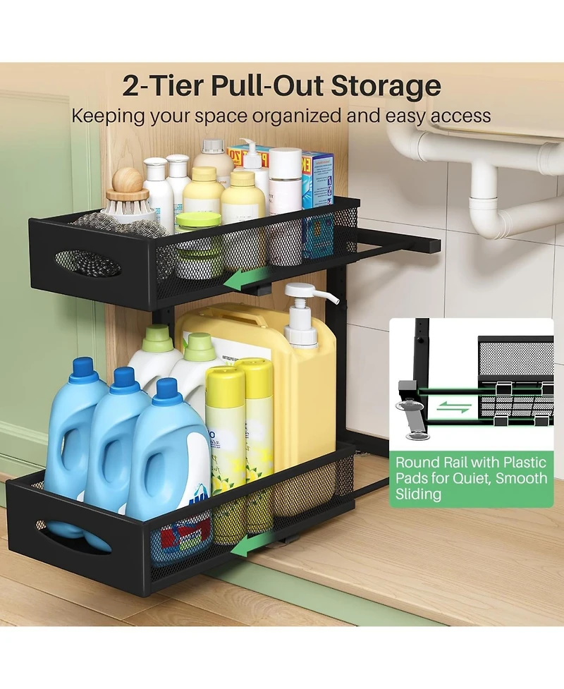 Kitstorack Under Sink Organizer, 2 Tier Pull out Cabinet Organizer Baskets with Mesh Sliding Drawers, Slide out Storage Shelf for Home, Kitchen, Bathr