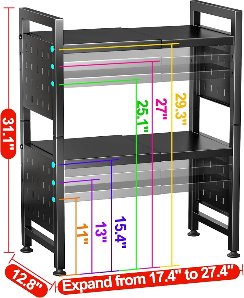 Kitstorack 17.4"- 27.4" Expandable Microwave Stand, 3-Tier Heavy Duty Adjustable Height Microwave Oven Rack with 9 Hooks and Cutting Board Holder, Cou