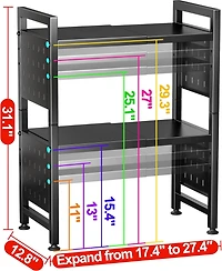 Kitstorack 17.4"- 27.4" Expandable Microwave Stand, 3-Tier Heavy Duty Adjustable Height Microwave Oven Rack with 9 Hooks and Cutting Board Holder, Cou