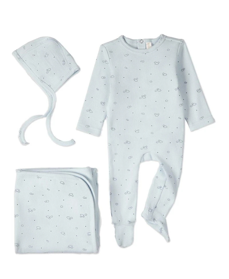 MeMoi 3 Piece Baby Boys "Clouds of Happiness" Cotton Rich Footie Set