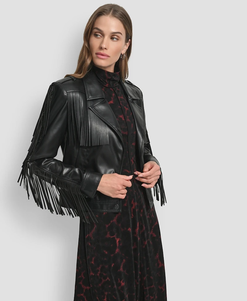 Dkny Women's Fringe Detail Crop Collared Jacket