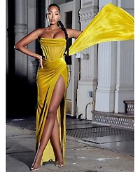 Miss Circle Women's Priya Gold Draping Corset High Slit Velvet Gown