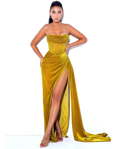 Miss Circle Women's Priya Gold Draping Corset High Slit Velvet Gown