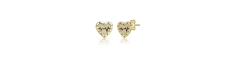 Rachel Glauber 14K Gold Plated with Black Enamel & Clear Cubic Zirconia Heartbeat Stud Earrings