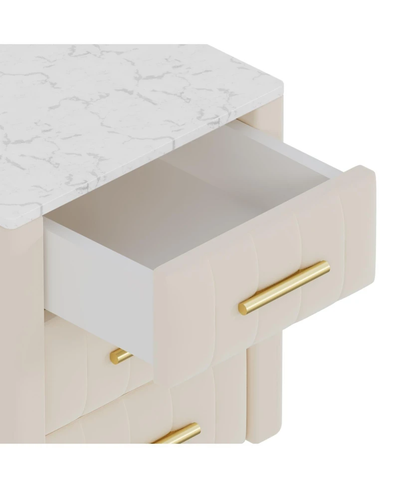 Streamdale Furniture Upholstered Nightstand - 3 Drawers, Metal Legs & Marbling Top