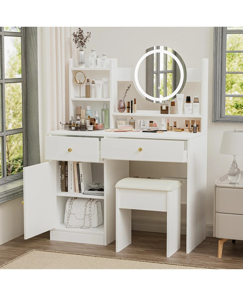 Streamdale Furniture Vanity Desk with Mirror, Lights, and Cushioned Chair