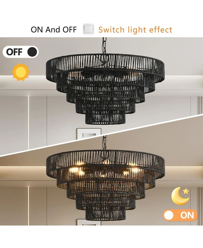 Streamdale Furniture Rustic 5-Tier Hemp Rope Chandelier with 8 Sockets, Hardwired Pendant