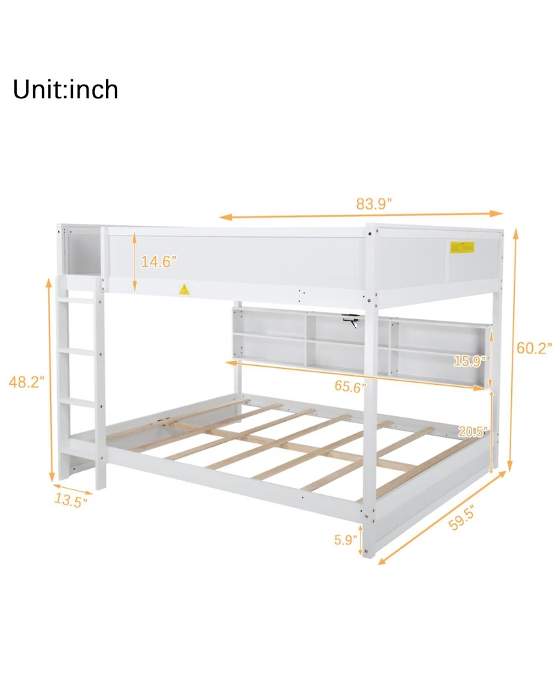 Streamdale Furniture Queen Over Queen Bunk Bed with Storage Charging White