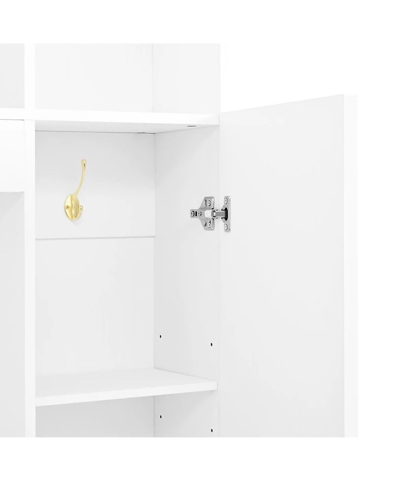 Streamdale 4-in-1 Hall Tree: 59" Wide, Golden Hooks, Walnut Bench, Adjustable Shelves, White