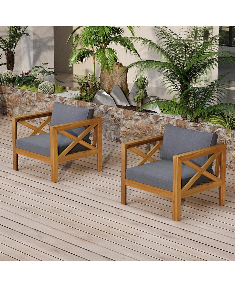 Streamdale Furniture Acacia Wood Club Armchairs (Set of 2), Teak Finish, Dark Grey Cushions