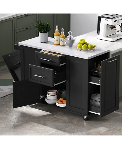 Streamdale Rolling Kitchen Island w/ Tilt Trash, Drop Leaf & Storage - White