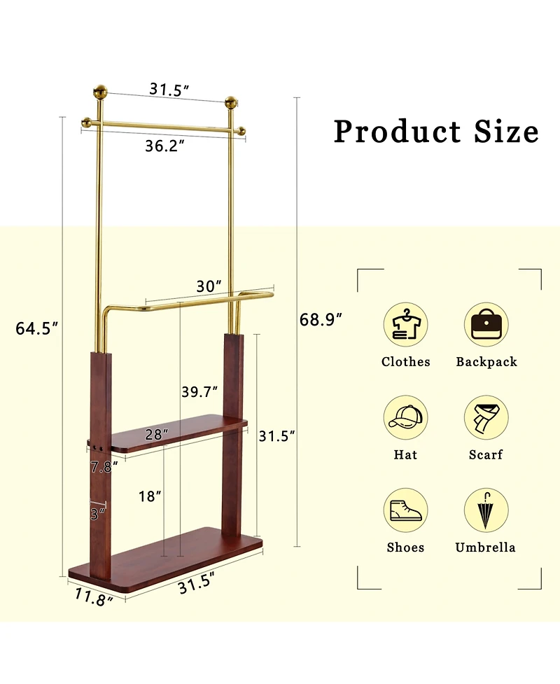 Streamdale Furniture Golden Steel & Walnut Coat Rack - Double Layer, Cabinet, 68.9"