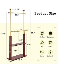 Streamdale Furniture Golden Steel & Walnut Coat Rack - Double Layer, Cabinet, 68.9"