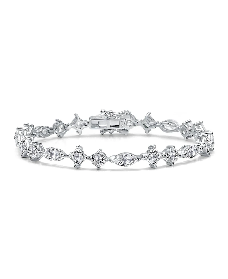 Genevive Sterling Silver White Gold Plated with Clear Cubic Zirconia Symmetrical Design Statement Bracelet