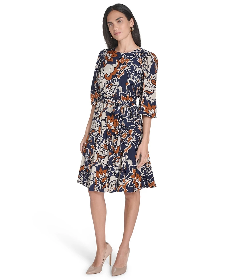 Jessica Howard Petite Jewel Neck Belted Fit and Flare Godet Dress