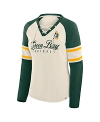Fanatics Women's Cream/Green Bay Packers Hometown Gridiron Hero Raglan Lace-Up V-Neck Long Sleeve T-Shirt