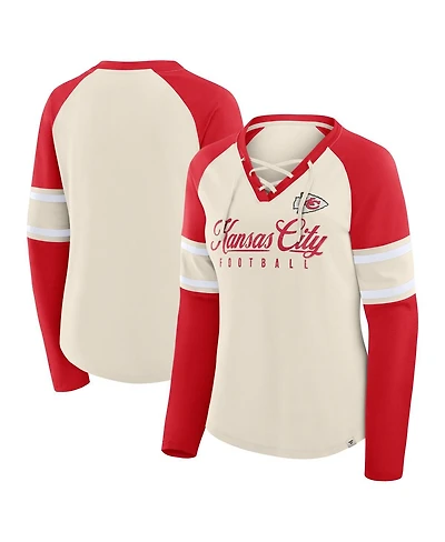Fanatics Women's Cream/Red Kansas City Chiefs Hometown Gridiron Hero Raglan Lace-Up V-Neck Long Sleeve T-Shirt