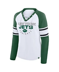 Fanatics Women's White/Green New York Jets Redzone Blitz Package Raglan Lace-Up V-Neck Long Sleeve T-Shirt
