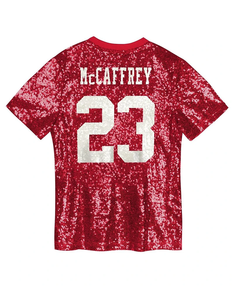 Outerstuff Big Girls Christian McCaffrey Scarlet San Francisco 49ers Sequin V-Neck Fashion Jersey