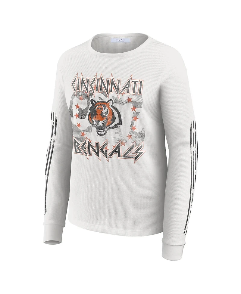 Wear by Erin Andrews Women's White Cincinnati Bengals Graphic Waffle Long-Sleeve T-Shirt