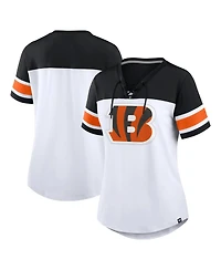 Fanatics Women's White/Black Cincinnati Bengals Athena Rhinestone Lace-Up V-Neck T-Shirt