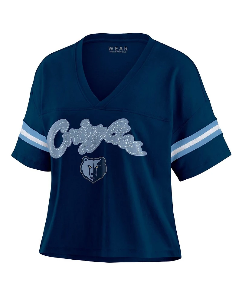 Wear by Erin Andrews Women's Navy Memphis Grizzlies Color Block Boxy V-Neck T-Shirt