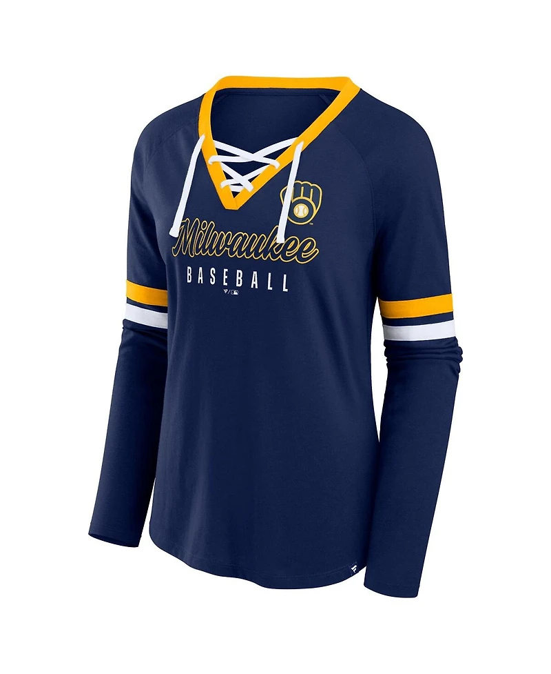 Fanatics Women's Navy Milwaukee Brewers Won Done Raglan Lace-Up Long Sleeve T-Shirt