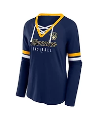 Fanatics Women's Navy Milwaukee Brewers Won Done Raglan Lace-Up Long Sleeve T-Shirt