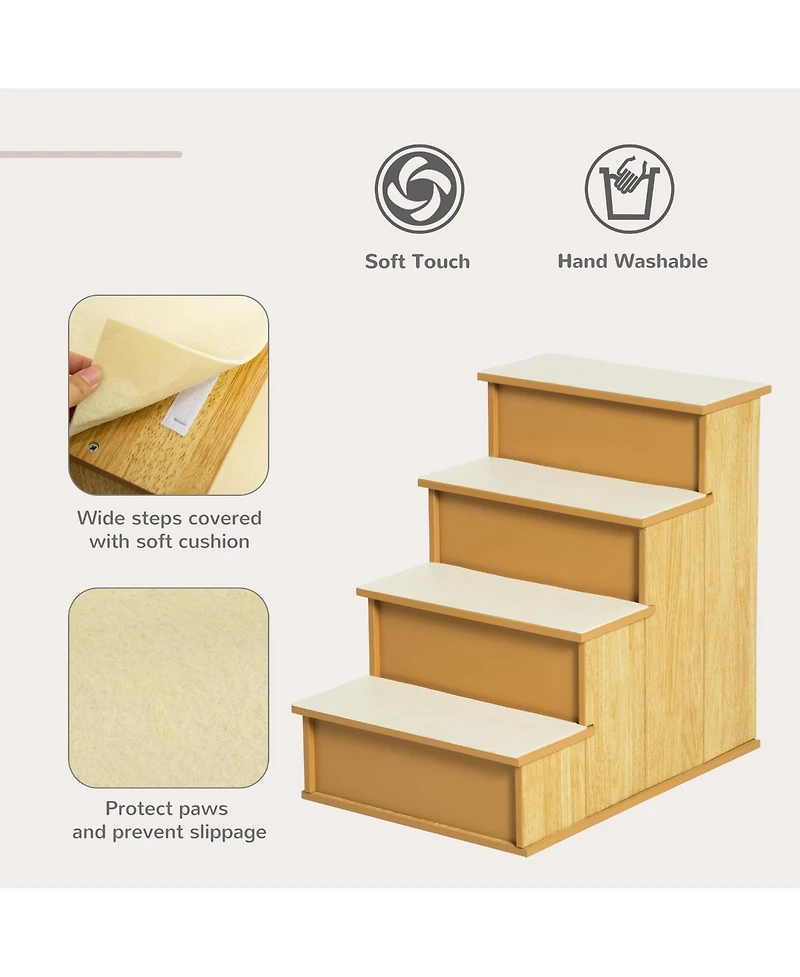 PawHut 4-Step Wooden Pet Stair Pet Steps with Soft Short Plush Cushion