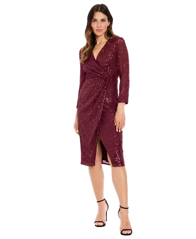 London Times Petite Sequin Side Ruched Surplice Neck Dress