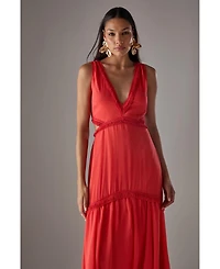 Warehouse Women's Chiffon Fringe Trim Cut Out Maxi Dress