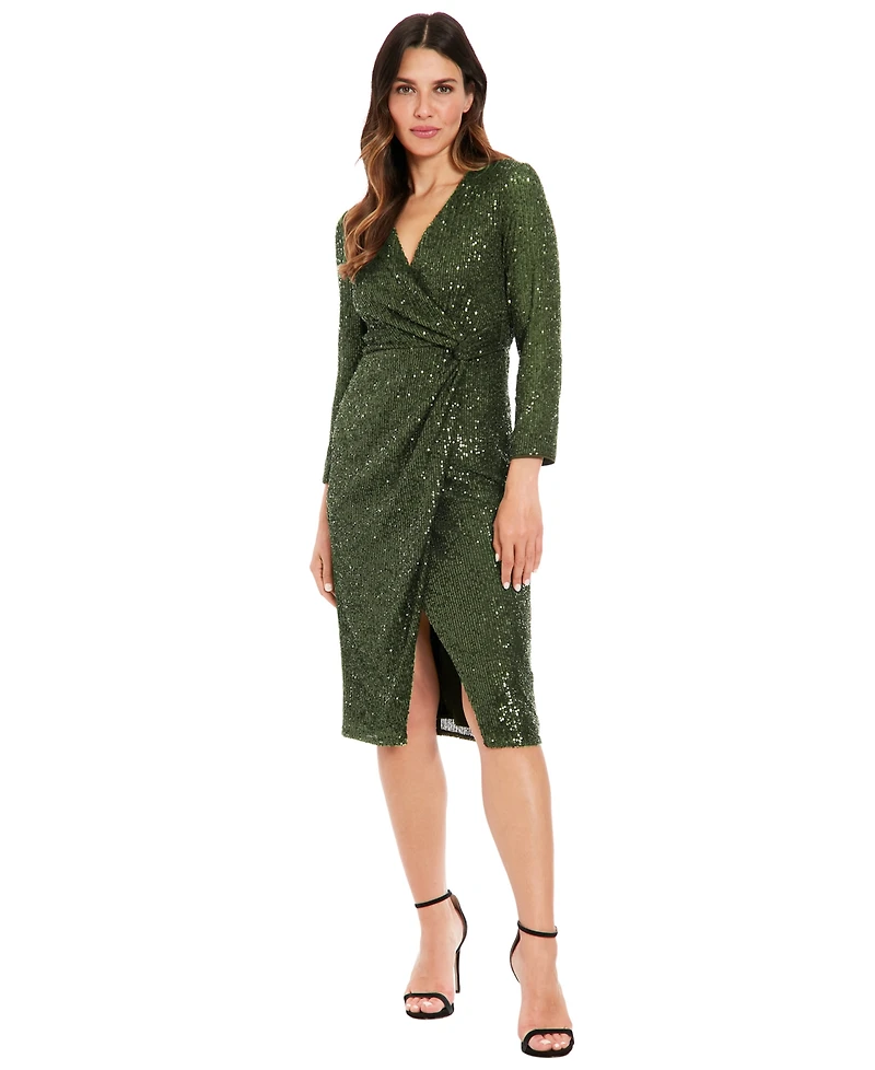 London Times Petite Sequin Side Ruched Surplice Neck Dress