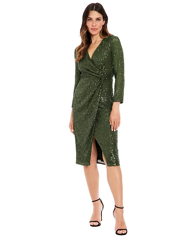 London Times Petite Sequin Side Ruched Surplice Neck Dress