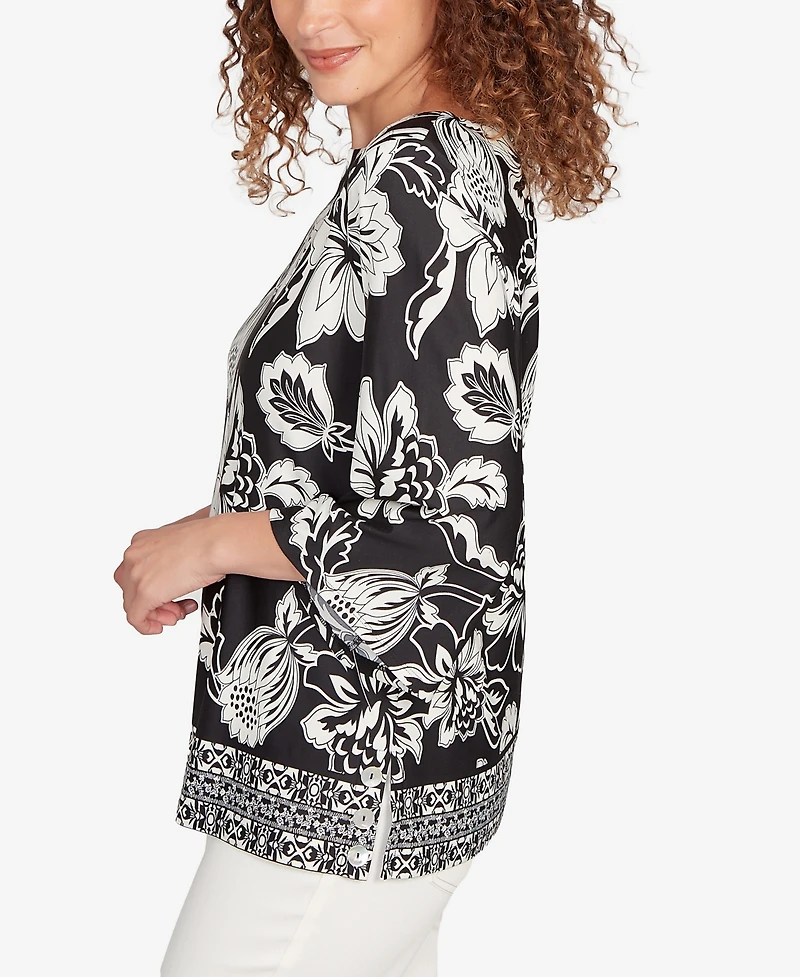 Ruby Rd. Petite Floral Geo Border Knit Top