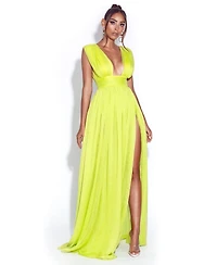 Miss Circle Women Valley Of Angels Lime Chiffon Pleated High Slit Maxi Dress