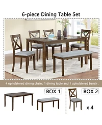 Casainc 6 Piece Wooden Dining Table Set with Table, 4 Upholstered Chairs and Bench