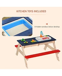 Kids Picnic Table Set with Built In Sandbox and Fun Kitchen Play Toys