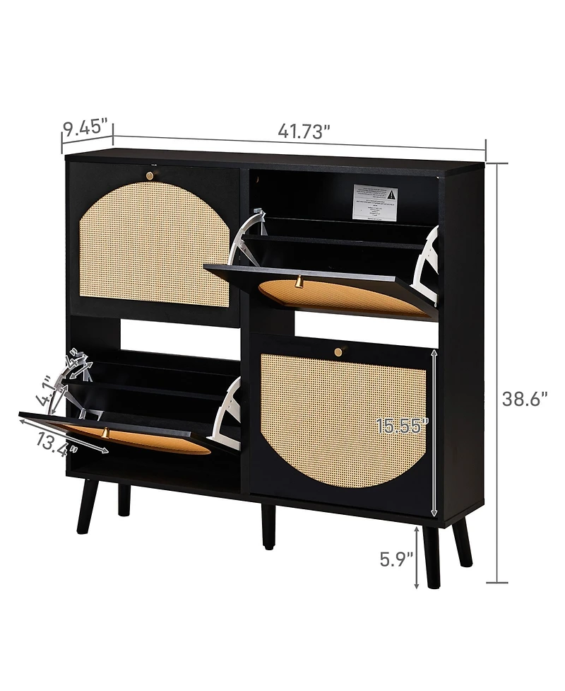 Slickblue 2 Rows of 4 Dump Buckets Shoe Cabinet with Frame High Legs and Wood Rattan Surface