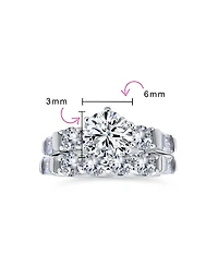 Bling Jewelry Sterling Silver 2CT Round Cz Solitaire Ring Set with Baguette Side Stones – 6-Prong Design