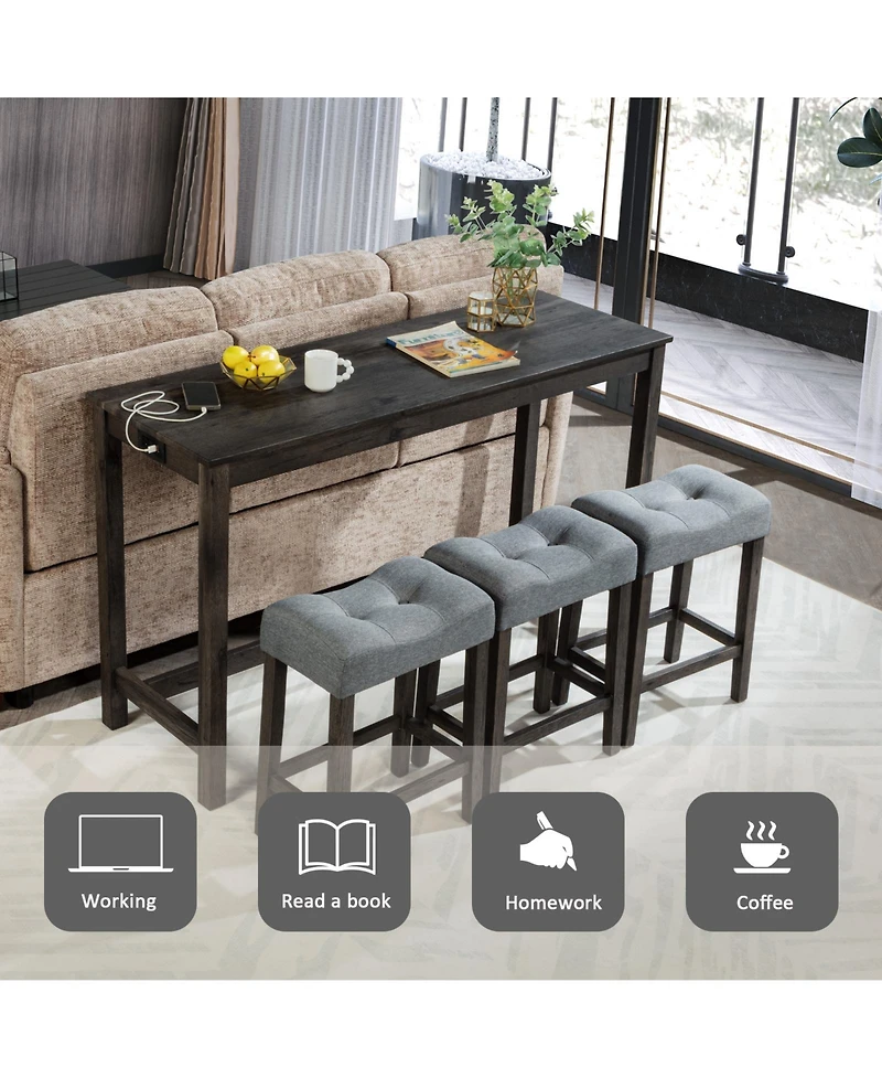 Casainc 4 Piece Bar Table Set with Power Outlet and 3 Padded Stools for Dining or Living Room