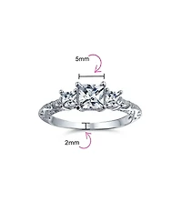 Bling Jewelry 3CT Royal Blue Cz Three Stone Past Present Future Cubic Zirconia Princess Cut Milgrain Filigree Promise Ring Sterling Silver